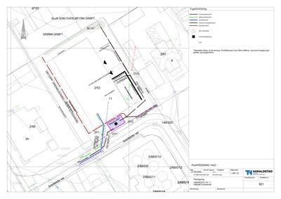 Situasjonsplan som viser tomtens beliggenhet, grenser, nabotomter, veier og infrastruktur (f.eks. vannledning og grøft).