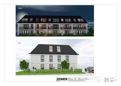 3D-visualisering av fasader (Vest og Sør) for et boligprosjekt.