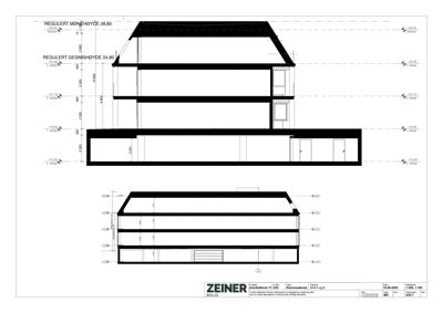 Snittegning som viser bygningens tverrsnitt, høyder, etasjer og konstruksjon.