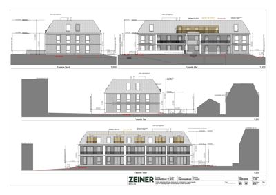 Fasadetegning som viser bygningens utseende fra fire sider (Nord, Øst, Sør, Vest) med mål og detaljer.