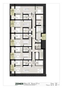 Etasjeplan som viser romfordeling, arealer og funksjoner for flere leiligheter i et bygg.