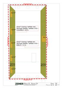 Tegning som viser detaljert beregning av takflate og åpninger i taket for vest- og østgarden, inkludert arealprosent og byggegrenser.