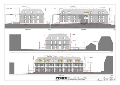 Fasadetegninger for en bolig med oppriss av fasader i alle fire retninger (Nord, Øst, Sør, Vest) med mål og detaljer.