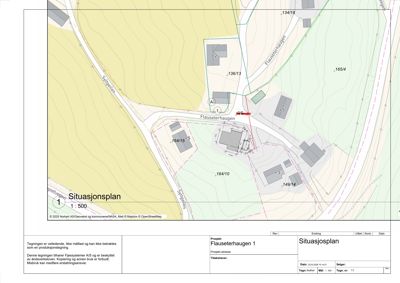 Situasjonsplan som viser tomtens beliggenhet, nabotomter, veier og bygningsplasseringer.