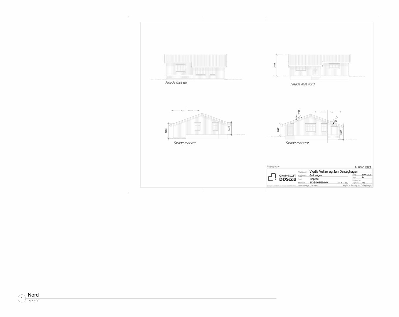 Fasadetegning som viser oppriss av bygningens fire sider (nord, sør, øst, vest) med mål og detaljer.