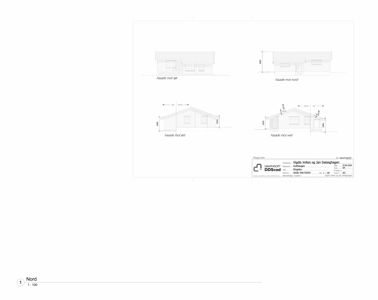 Fasadetegning som viser oppriss av bygningens fire sider (nord, sør, øst, vest) med mål og detaljer.
