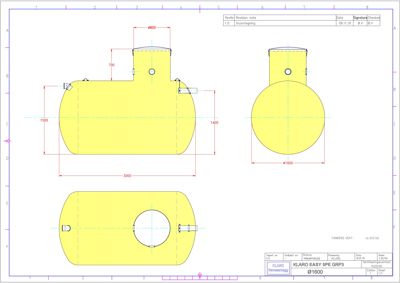 Tegning som viser detaljerte dimensjoner og konstruksjon av en tank (KLARO EASY SFE GRP3).
