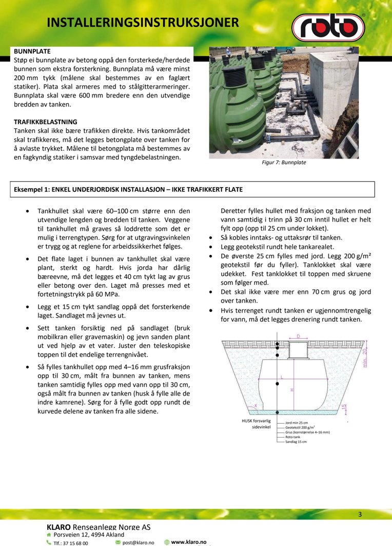 Fotografi av en installert betongbunnplate (seksjon av en tank) med tilhørende tekniske mål og tekstbeskrivelse.