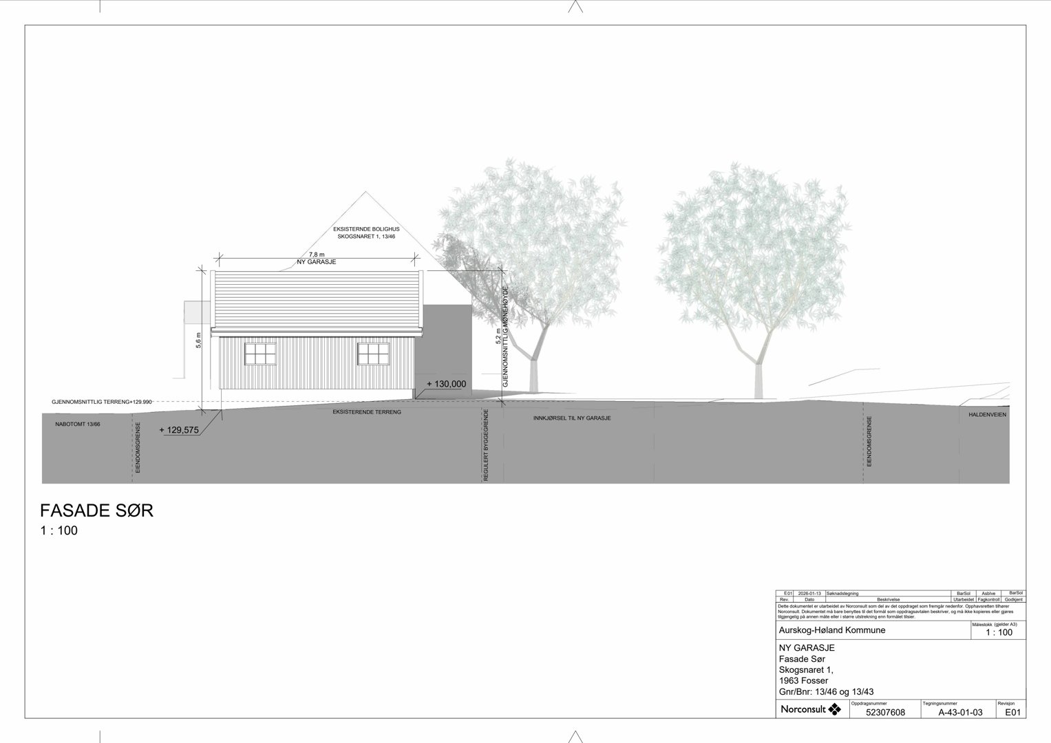 Fasadetegning (oppriss) av en ny garasje sett fra sør, med angitte høyder og nivåer.