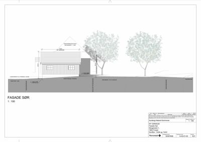 Fasadetegning (oppriss) av en ny garasje sett fra sør, med angitte høyder og nivåer.