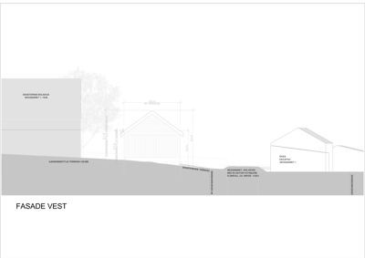 Fasadetegning (Fasade Vest) som viser oppriss av en ny bygning og eksisterende bolighus sett fra vest.