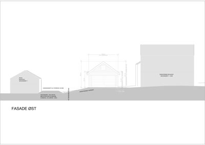 Fasadetegning som viser bygningens utseende sett fra øst, med mål og høydeangivelser.