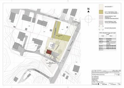 Situasjonsplan som viser tomtens beliggenhet, nabolag, veioppsett og arealoppdelinger.
