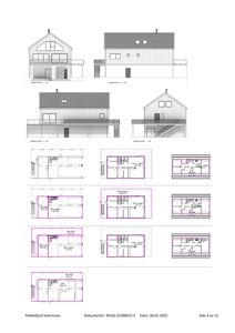 Bildet viser en samling av etasjeplaner (floor plans) for en bolig, inkludert romfordeling og arealoppsett.
