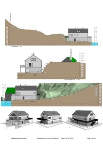 Bildet viser tre snittegninger (TP mot fasade øst, vest og en tredje vinkel) som illustrerer bygningens tverrsnitt i forhold til terreng og grunnvann, samt tre 3D-visualiseringer av fasadealternativene.