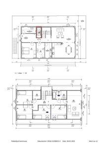 Bildet viser to etasjeplaner (1. etasje og 2. etasje) med romfordeling, dører, vinduer og mål.