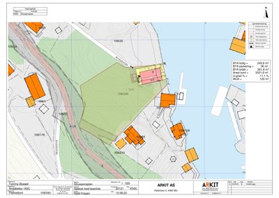 Situasjonsplan som viser tomtens beliggenhet, naboeiendommer, vegnett og bygningers plassering i forhold til hverandre.