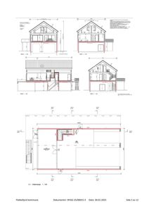 Bildet viser snittegninger (Snitt A, B, C, D) av en bolig, samt et underetasjeplan med tilhørende snittreferanser.