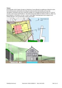 Bildet viser en situasjonsplan med fargelagte arealer (BYA og BRA) og et snitt av bygningen. Teksten overfor bekrefter at det er en søknad om oppføring av bolig på tre plan.