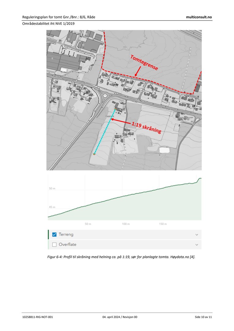 En situasjonsplan (tomtekart) som viser tomtens beliggenhet, tomtegrense og terrengprofil med skråning.