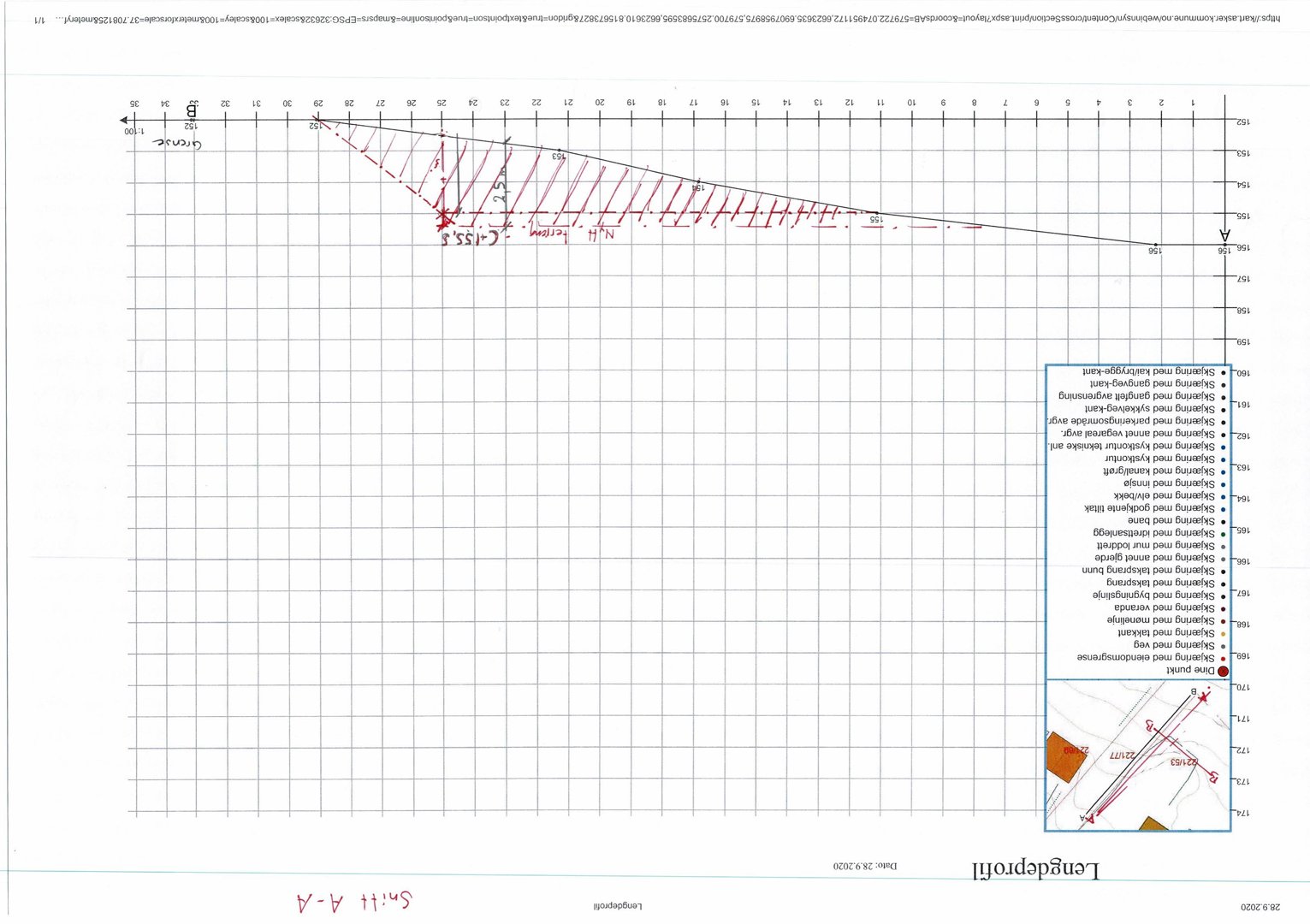 Lengdeprofil (snitt) som viser terrengprofilen langs linjen A-A med høydemål og konstruksjonsdetaljer.