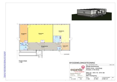 Etasjeplan (første etasje) for en modulbygg-skoledel, med romfordeling og arealoppdeling.