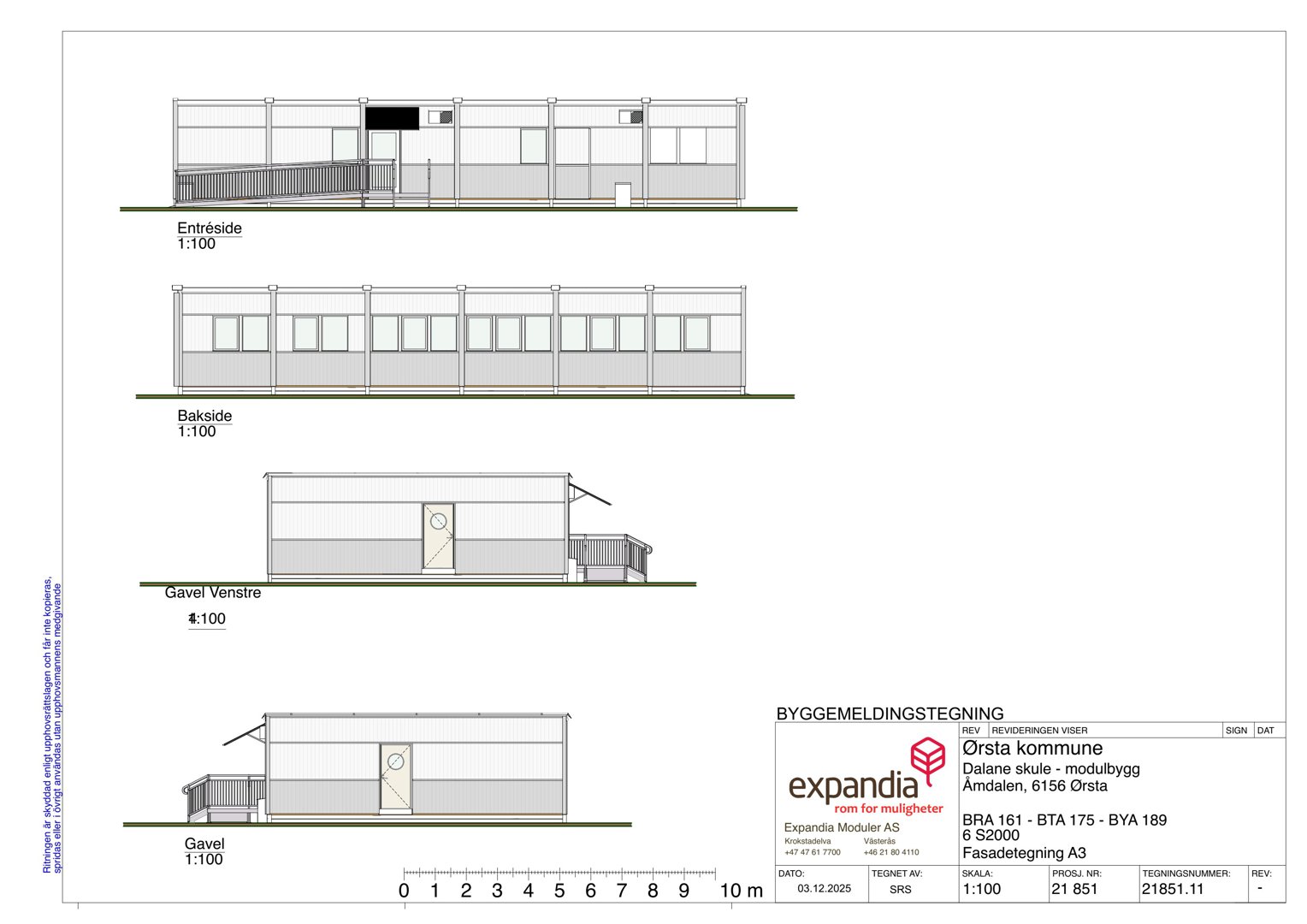 Fasadetegning som viser front-, baksida og gavlside av en modulær bygning.