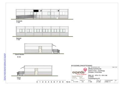 Fasadetegning som viser front-, baksida og gavlside av en modulær bygning.