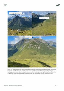 Fotografier av fjelltopper (Tverberget, Rotberghornet) og et kartleggingsområde i et fjellandskap, med tekstmeldinger som peker på spesifikke steder.