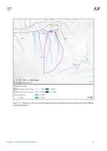 Et kart som viser et terrengmodell med avrenningslinjer, akkumulering og en markert kartleggingsområde (lilla).