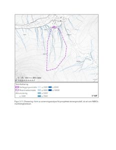 Kart som viser et kartleggingsområde (lilla) og påvirkningsområde (mørklilla) i et terreng med høydeforhold (konturlinjer) og vannløp. Kartet er en del av en avrenningsanalyse.
