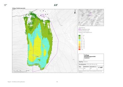 Kart som viser snøskredfareområde med fargekodet hastighetskartlegging og overlappende kartlag.
