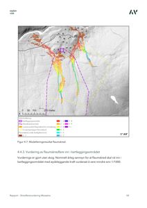 Kart som viser modellering av flaumskredfare i et område, med fargekoding for faregrad og hastighet.