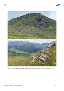 Fotografier av et bergområde (Rambjørhornet) tatt fra en observasjonspunkt, inkludert en utsikt over dalen.