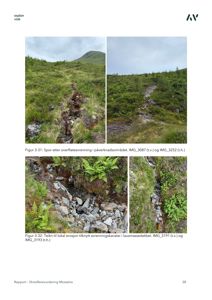 Fotografier som viser spor etter overflateavrenning og erosjon i et lausmassedekket.