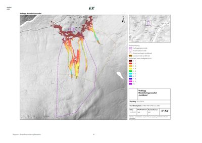 En kartvisning (modellering) som viser jordkreds-fareområder i et landskap, med en tegnet bygning eller tomt markert.
