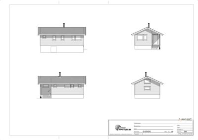 Fasadetegning som viser bygningens utsyn fra fire ulike vinkler (front, side, og to perspektiver).