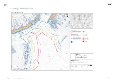 En kartvisning (modellering) som viser skredfareområder og steinsprang i et fjellområde.