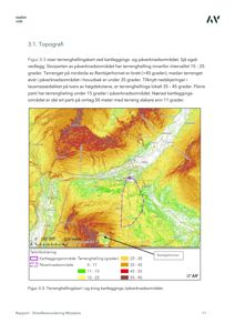 Et terrengkart (topografisk kart) som viser høydeforskjeller og terrengforhold i et område, inkludert et kartleggingsområde og et påvirkningsområde.