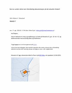 Situasjonsplan som viser eiendommen Mossetra 51 (gnr. 18 bnr. 41) i forhold til aksemålerlinjer og nabolagsgrenser.