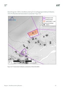 Faresonekart over et skredutsatt område (Vallasetra) med topografi og bygninger.