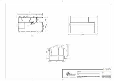 Bildet viser en tegning med etasjeplan (plan 1) og et snitt (snitt 1) av en bygning, inkludert mål og romfordeling.