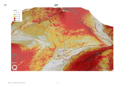 Et 3D-kart (rendering) som viser et terreng med overlagte data om skredfare, sannsynligvis fra en rapport.