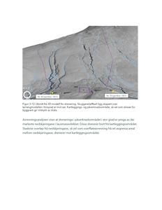 Fotografi av et terrengutsnitt med overlagte 3D-modelleringer (skuggereleifkart) og markerte nedskjeringer i lausmassedekket.