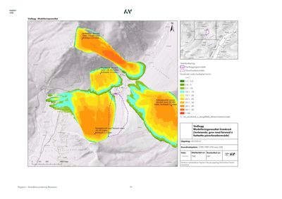 Et kart som viser et snøskredmodelleringsresultat med fargekodet hastighetskart over et skredområde.