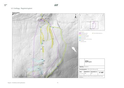Et registreringskart (situasjonsplan) som viser et område med topografi, eiendelsgrenser og infrastruktur.