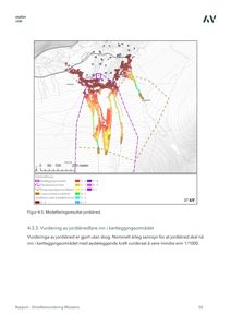 Kart over et kartleggingsområde som viser modellerte jordskred-fareområder (fargekodet) og kartleggingsområder (linjer).