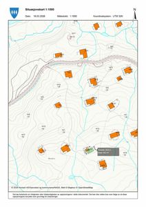 Situasjonskart som viser tomtens plassering i forhold til nabolag, terrengforhold (konturlinjer), vannløp og vei.