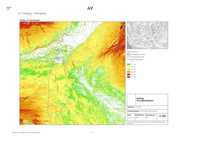 Et helingskart (topografisk kart) som viser terrengform, hellingsgrader og arealbruk for et prosjektområde.