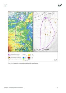 Kart som viser simulerte losneområder (jordskred) i et asplan-område, med topografi og kartleggingsområder.